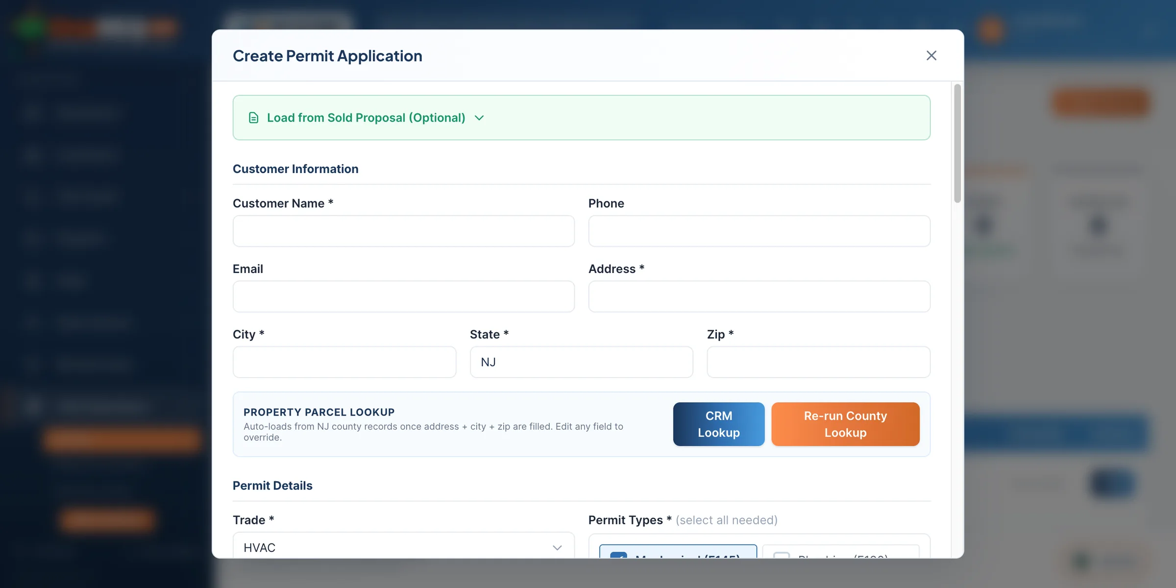 New permit modal with parcel auto-fill