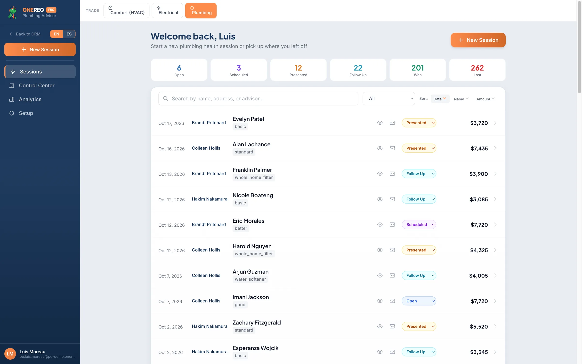 Plumbing Advisor — sessions dashboard