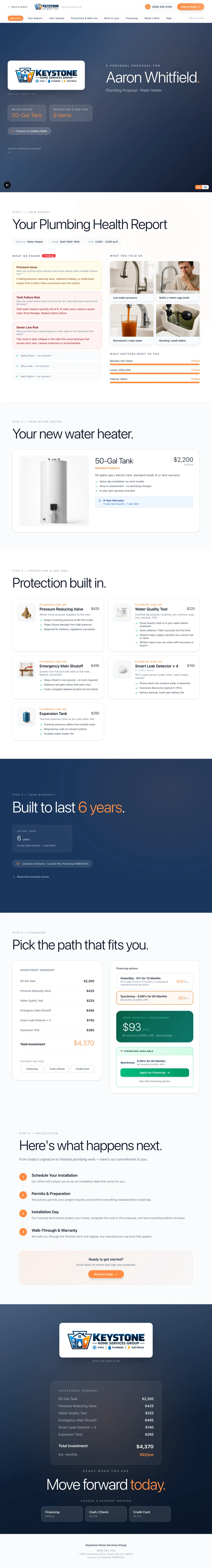 A full ONEREQ PRO plumbing proposal from welcome to signature