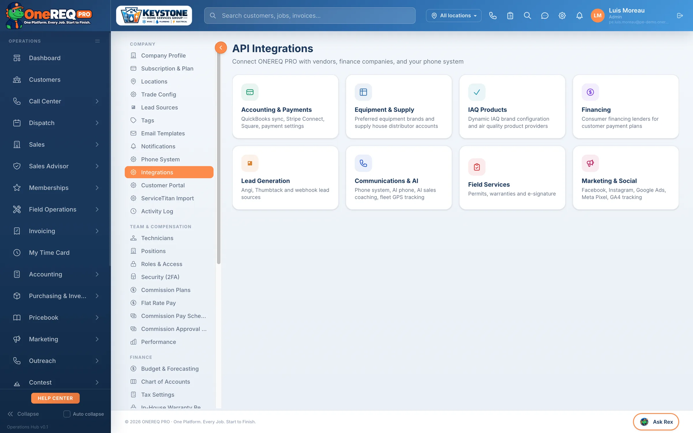 Integrations setup screen