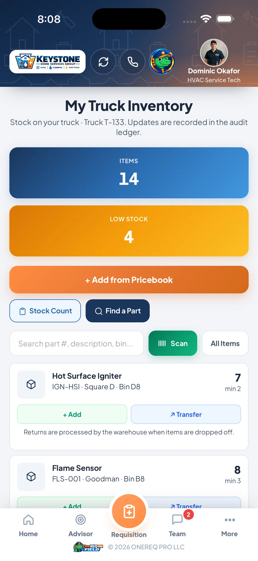 A technician's truck inventory in the ONEREQ PRO Field app