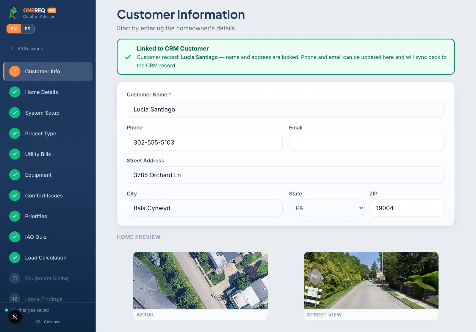 Comfort Advisor step 1: Customer Info