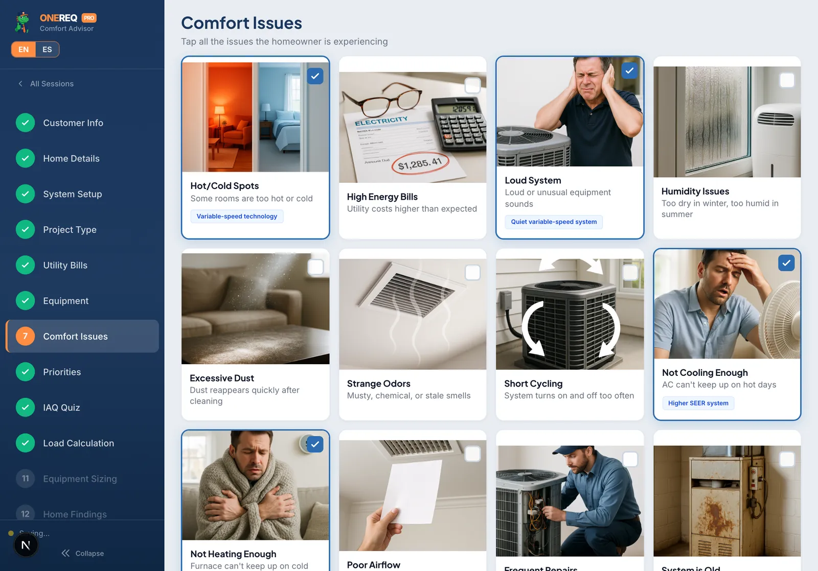 Comfort Advisor step 7: Comfort Issues
