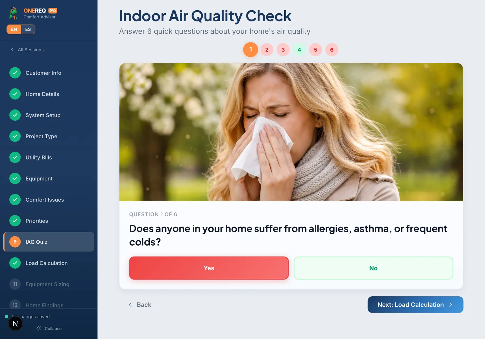 Comfort Advisor step 9: IAQ Quiz