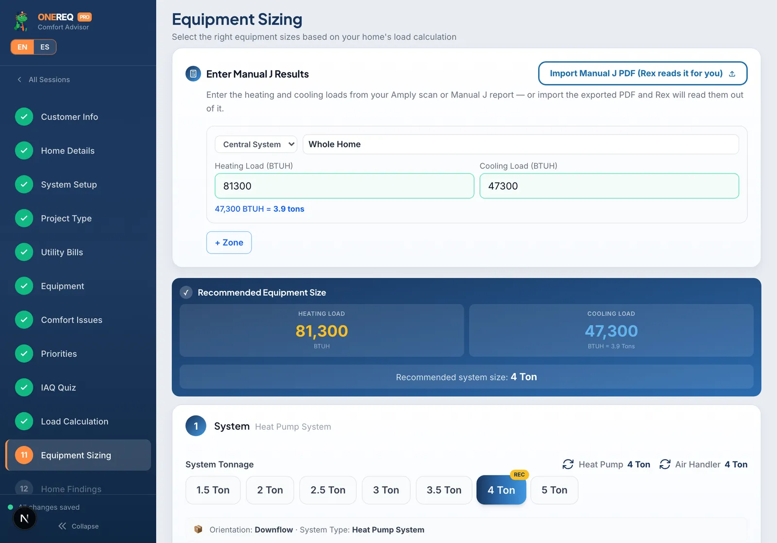 Comfort Advisor step 11: Equipment Sizing