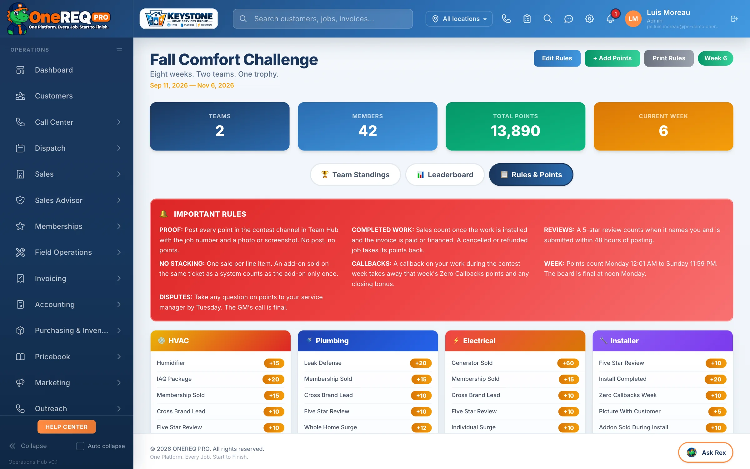 Contest rules page: important rules and points per action for HVAC, plumbing, electrical and installers