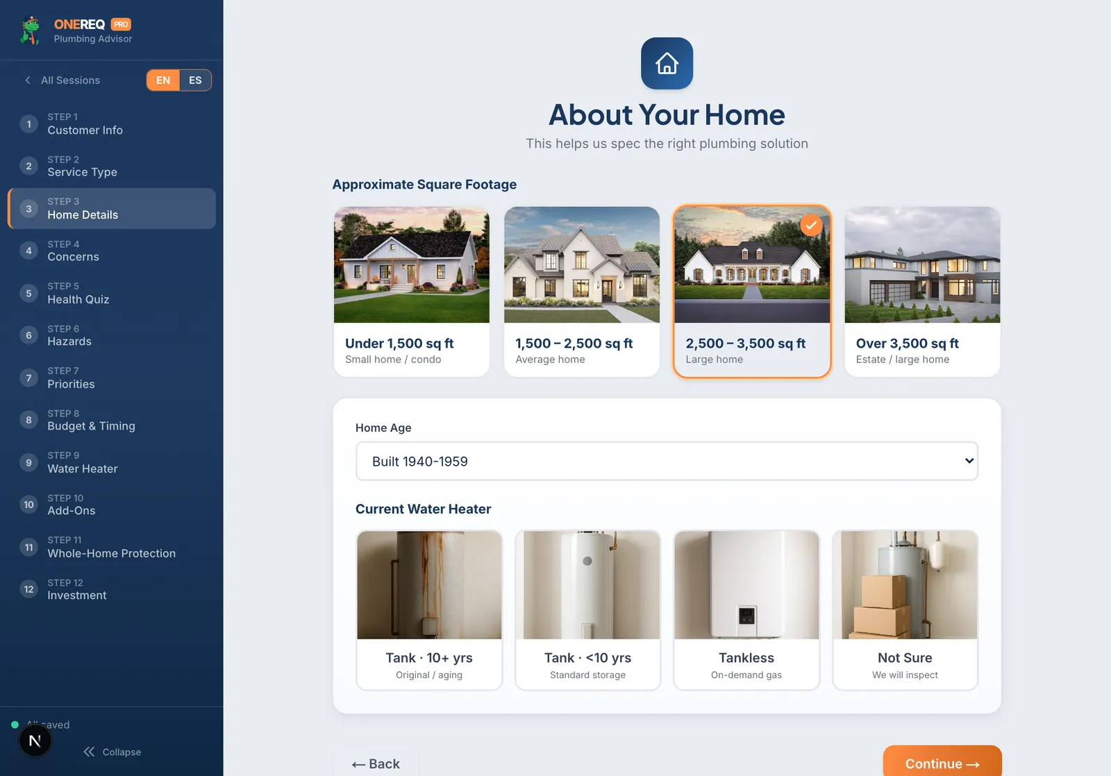 Plumbing Advisor step 3: Home Details
