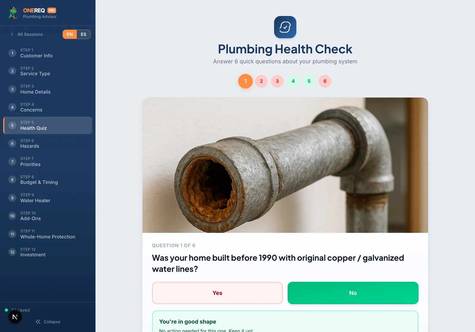 Plumbing Advisor step 5: Health Quiz
