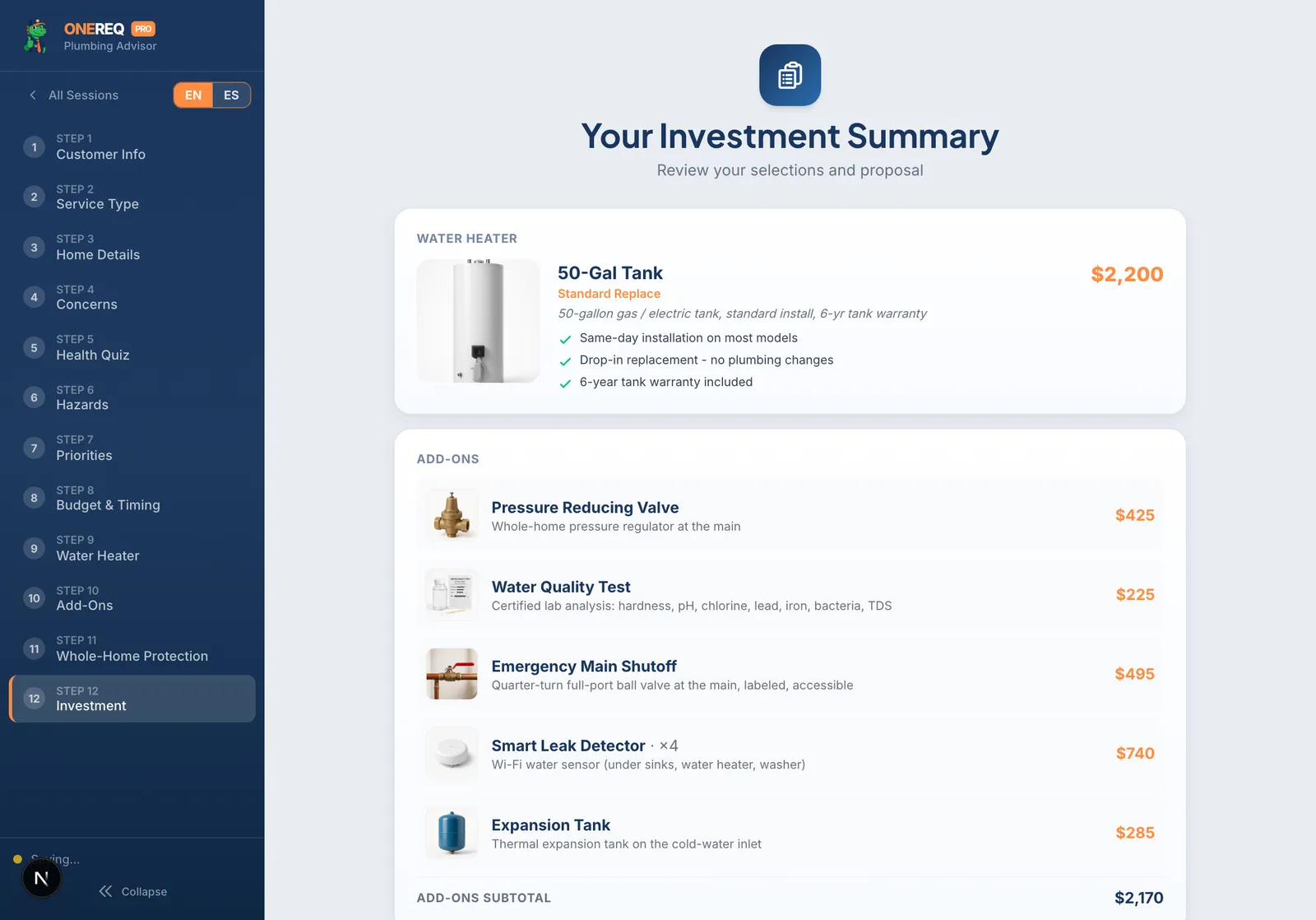 Plumbing Advisor step 12: Investment