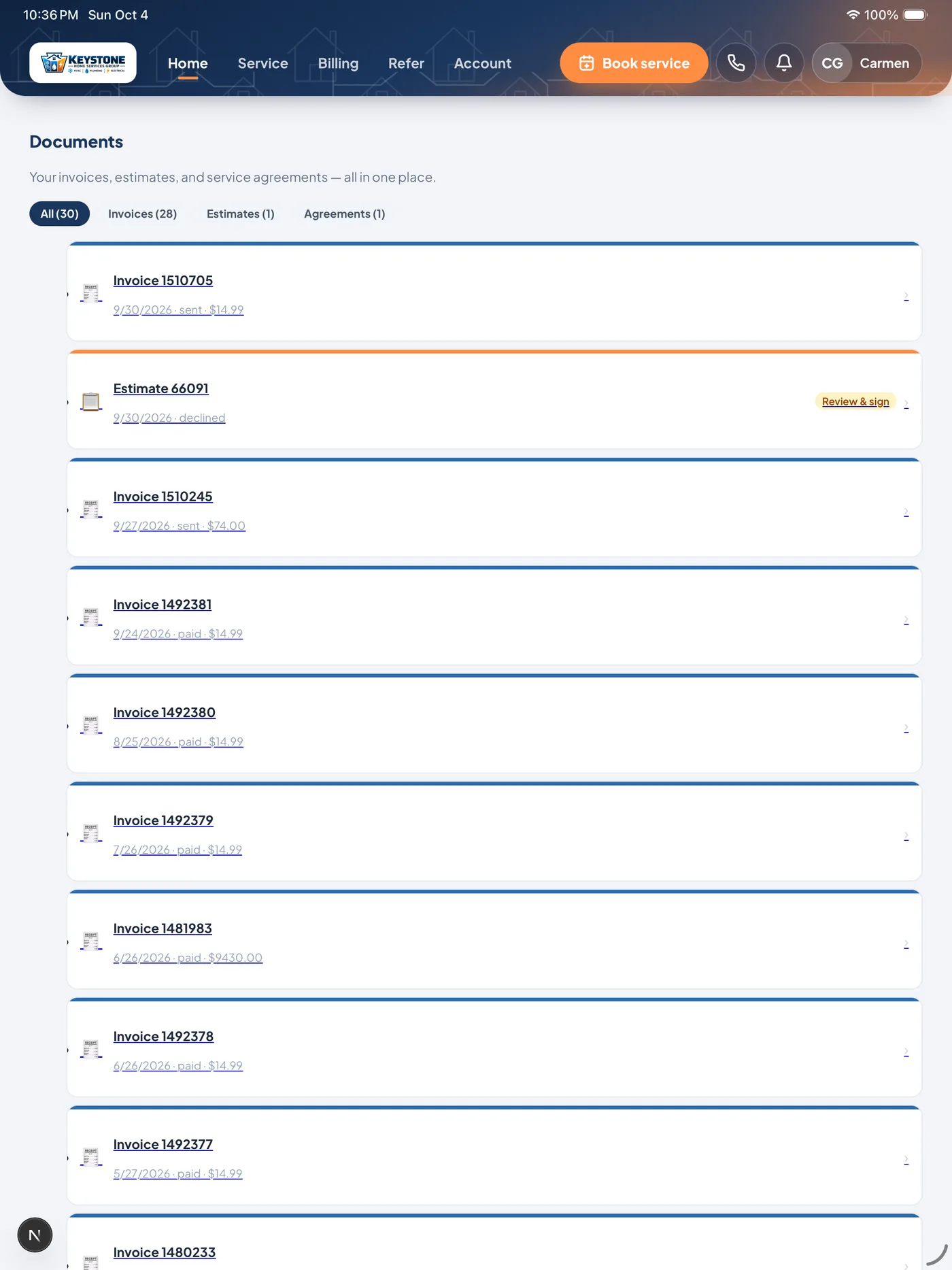 HomeRex documents screen with invoices, estimates and agreements in one list
