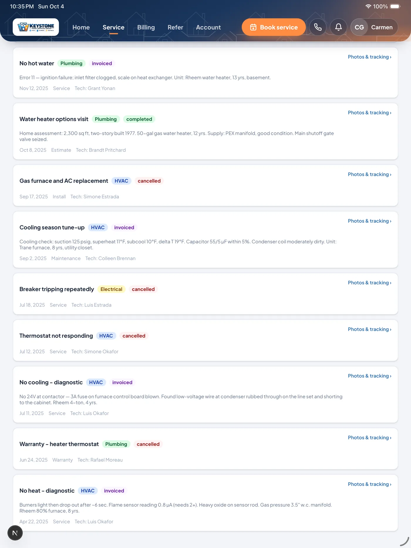 HomeRex service history listing past jobs with photos