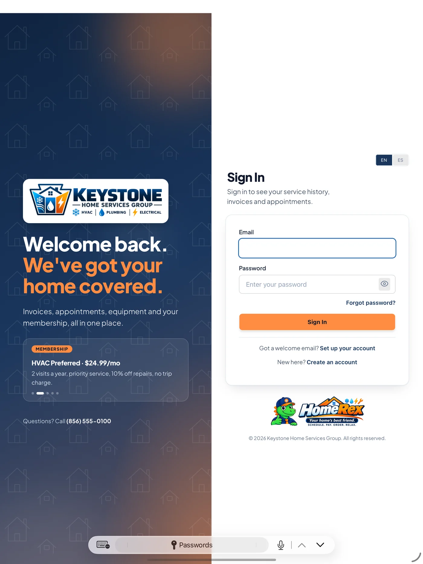 HomeRex sign-in screen carrying the contractor&rsquo;s own logo and colors