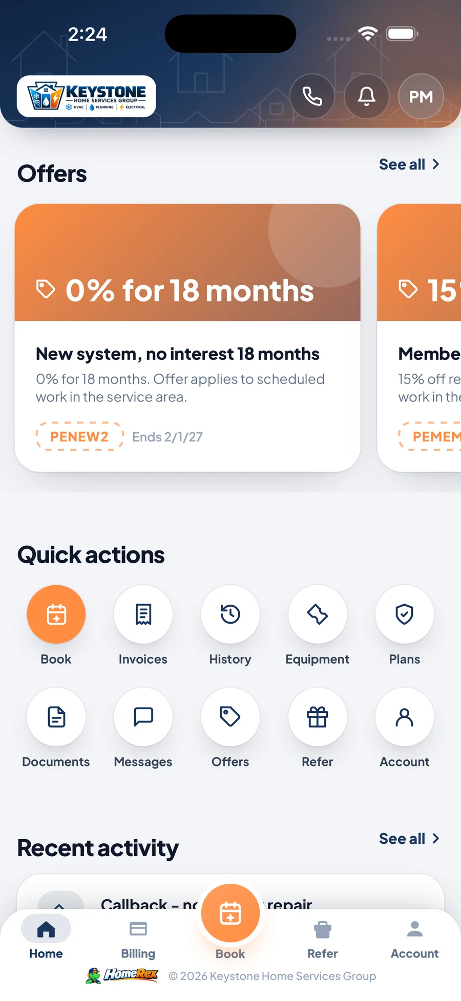 HomeRex quick actions grid and recent activity feed