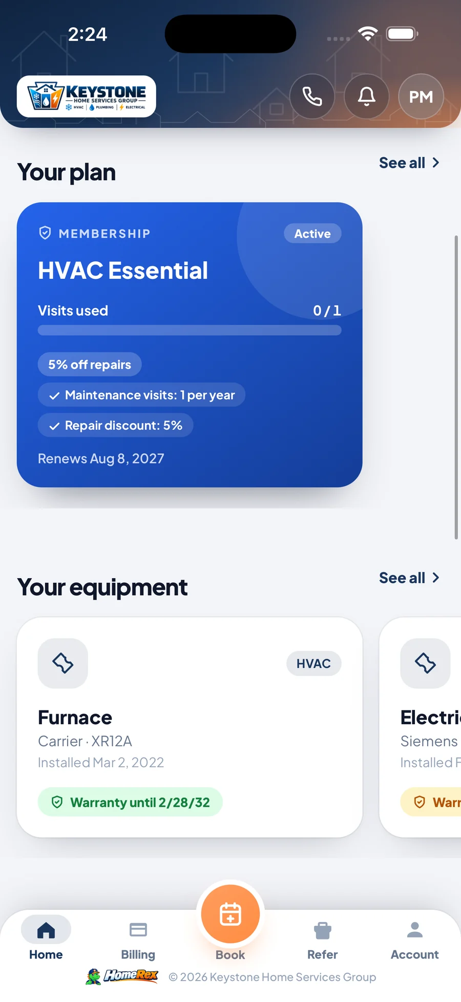 HomeRex plan screen showing the active membership and covered equipment