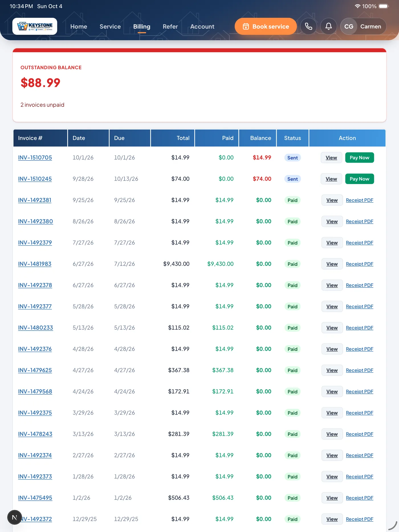 Homigo billing screen with Pay Now