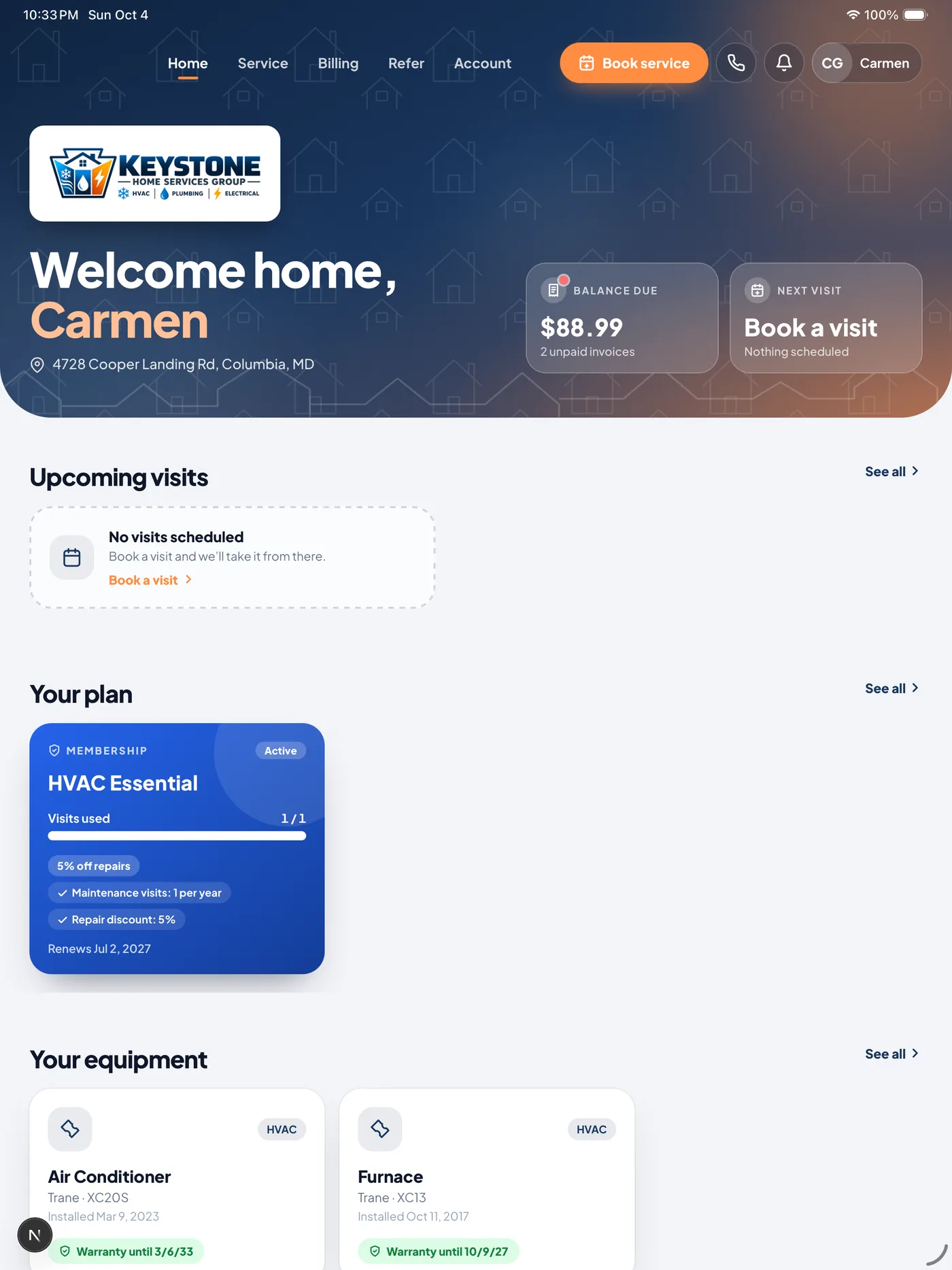 Homigo home screen with balance due and the next visit
