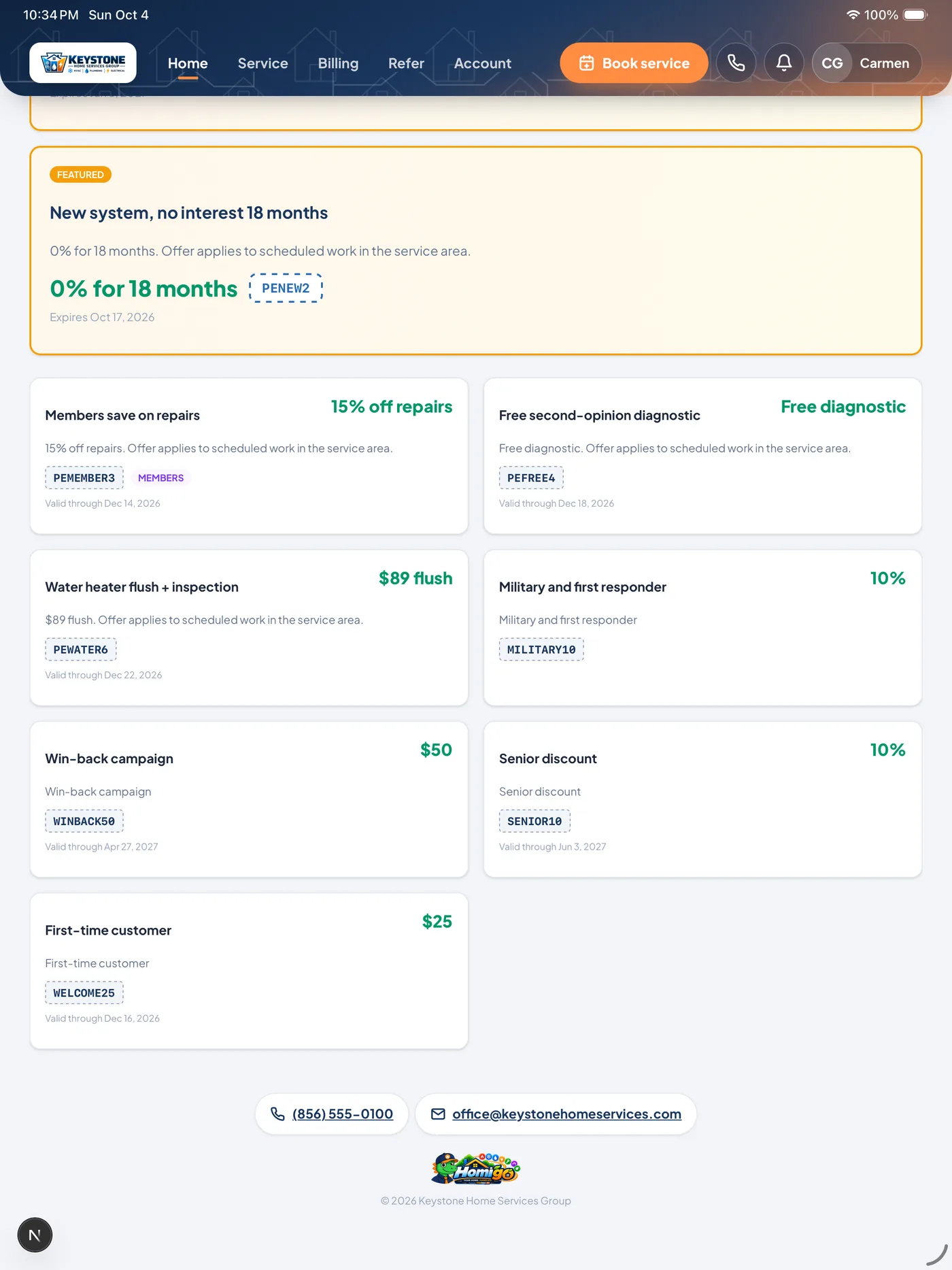Homigo offers screen listing the contractor&rsquo;s live promotions