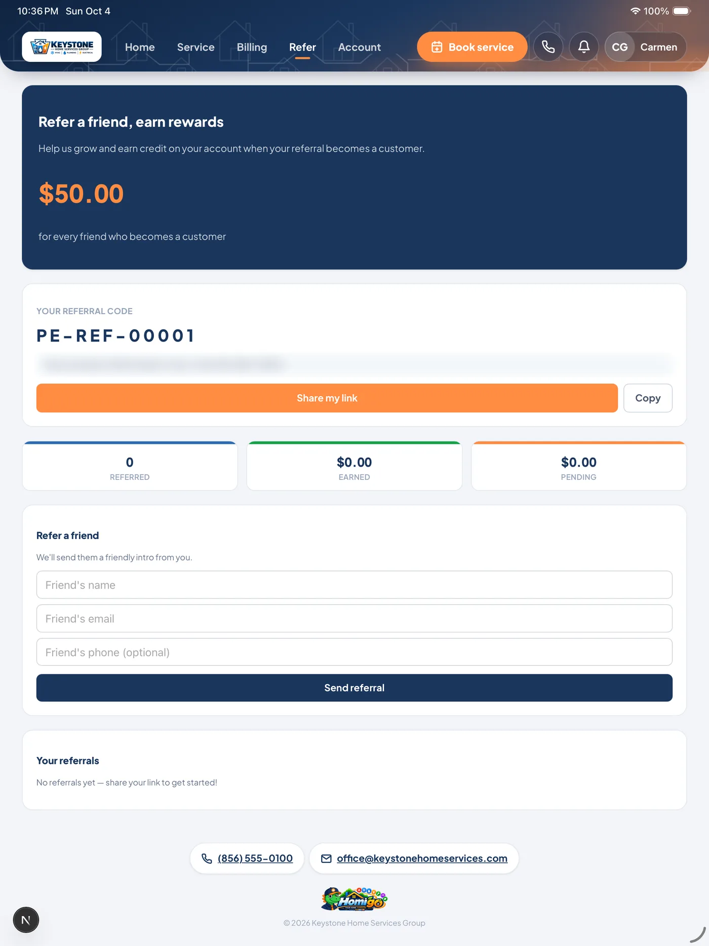 Homigo refer-a-friend screen with referral code and reward credit