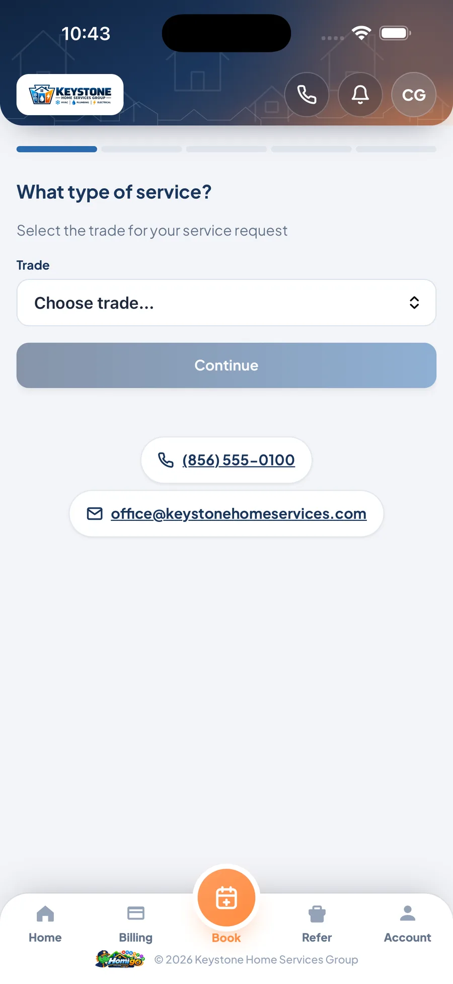 Homigo book-a-service screen: pick the property and an arrival window