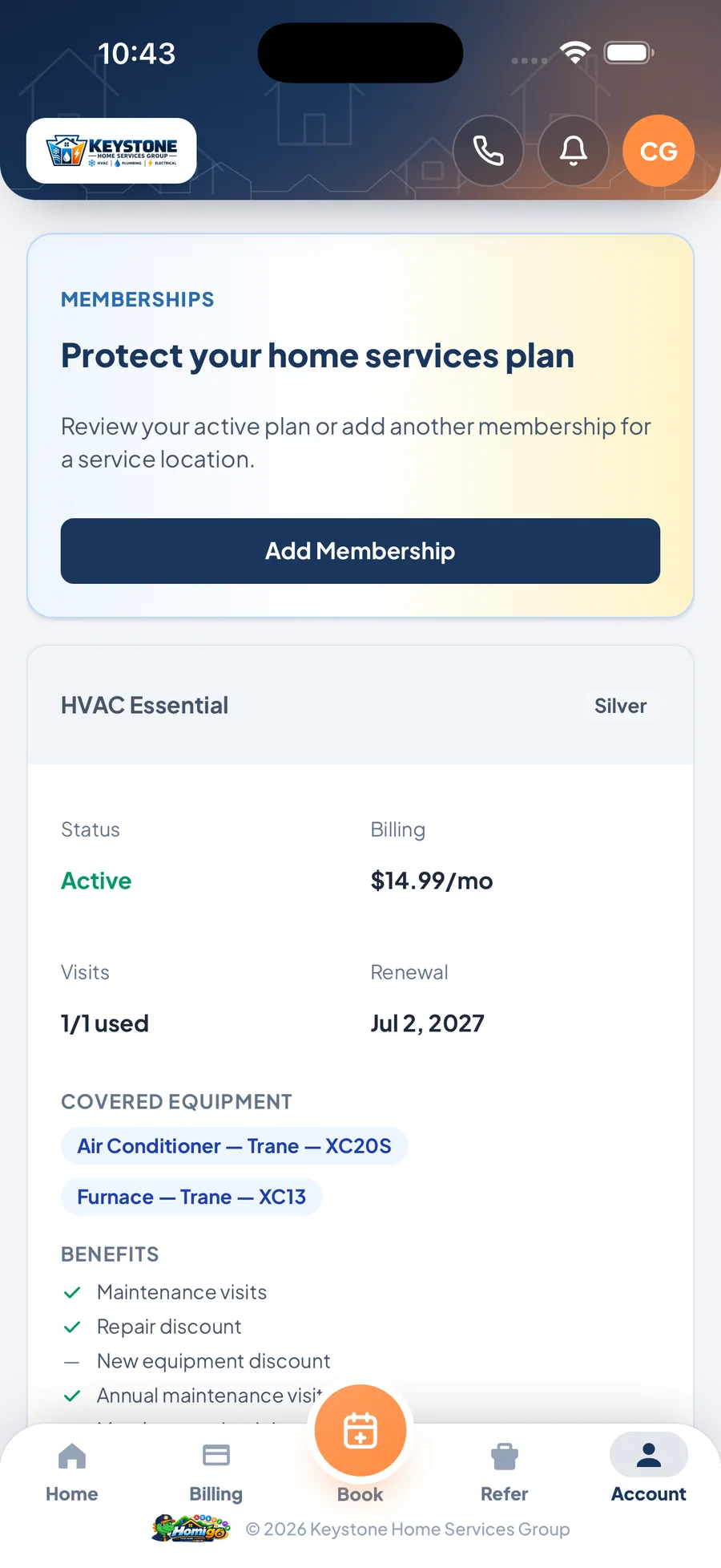 Homigo plan screen showing the active membership and covered equipment