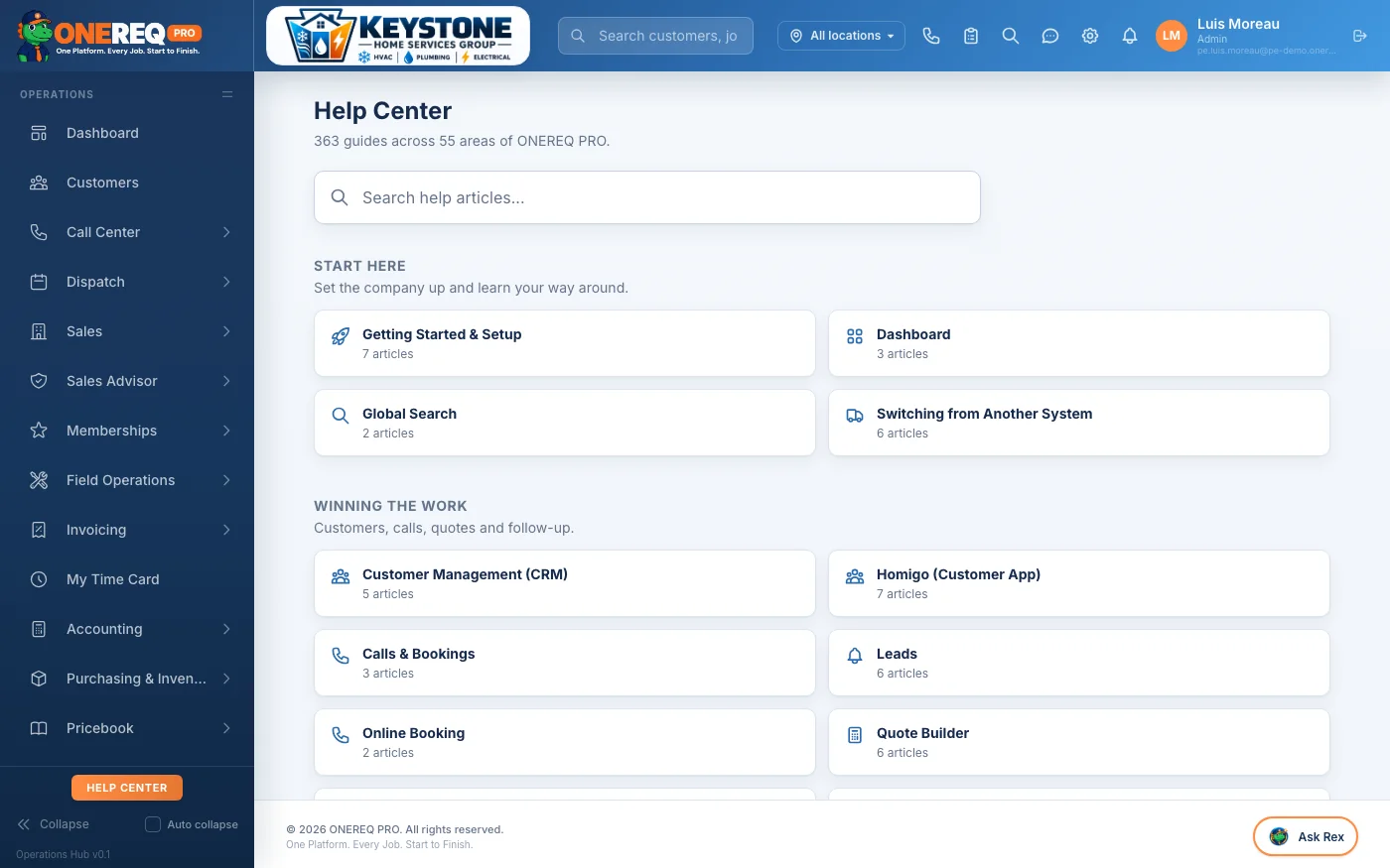 Help Center home with a search box and article categories such as Getting Started, Dashboard, Leads and Online Booking