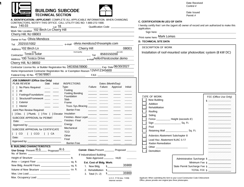Pre-filled NJ UCC permit form